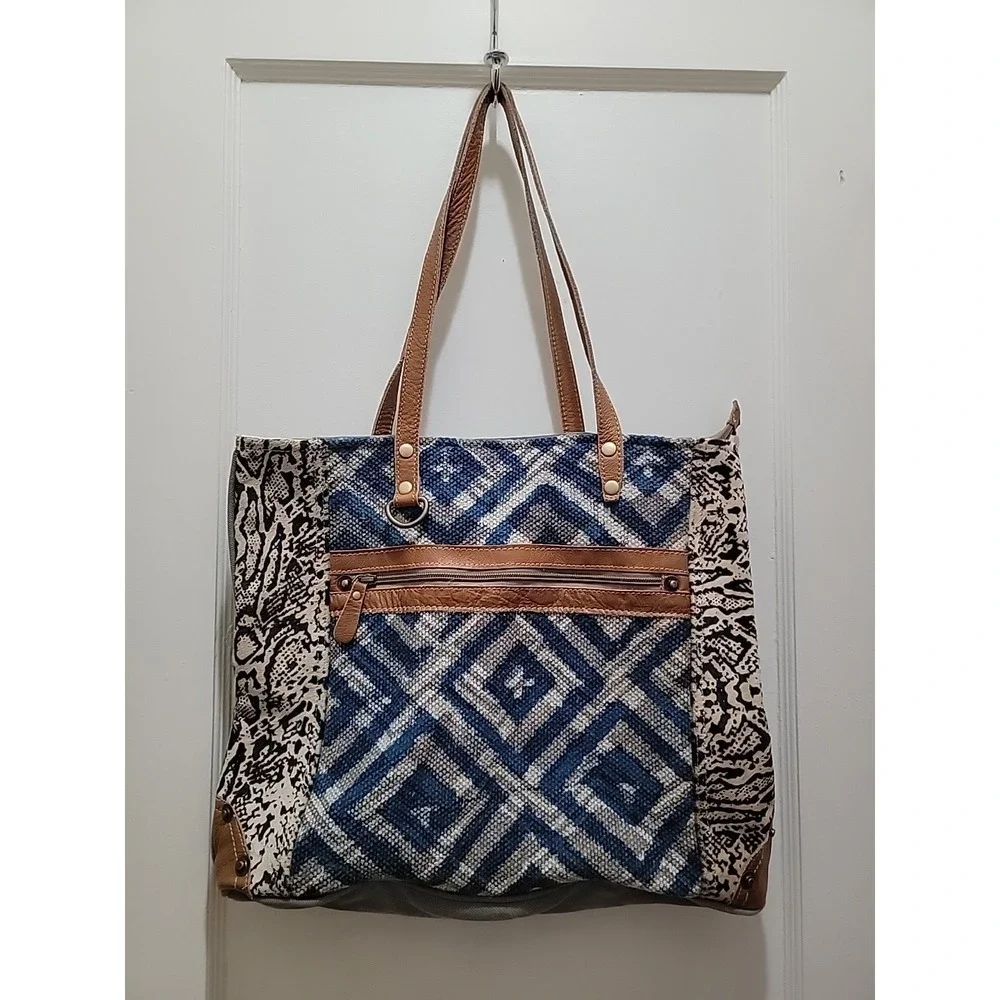 Myra Bag Upcycled Tote Large Purse Repurposed Boho Chic Canvas & Leather